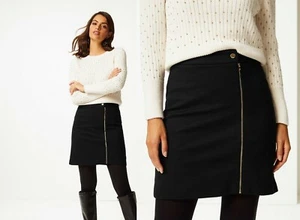 MARKS & SPENCER PER UNA BLACK PONTE GOLD TONE ZIPPED MINI SKIRT Size 12 - Picture 1 of 5