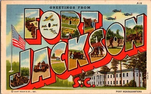 Postal Saludos Fort Jackson Columbia SC Letra Grande Lino Matasellado 1958 - Imagen 1 de 2