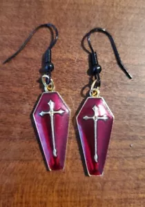 Handmade Coffin Gothic Red Dangle Earings - Picture 1 of 5