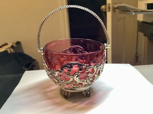 Antique Cranberry Glass Bowl Insert Liner To Quad Plate Cox Silver Co Holder - Picture 1 of 13