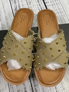 Shu Shop Women’s Berta Slip On Sandal Size 8 Olive Gold Tone Studs Women’s Shoes - Picture 1 of 7