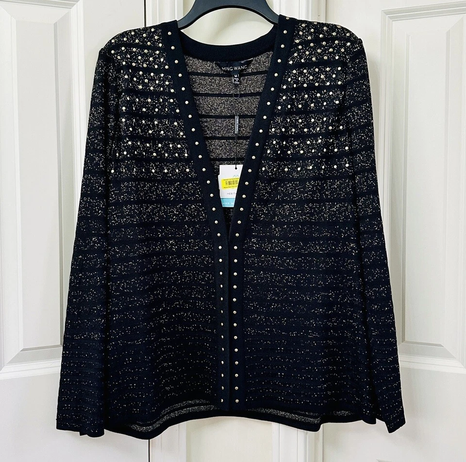 Ming Wang Studded Sparkle Stripe Metallic Knit Long Sleeve Statement Jacket, M - Image 1 of 4