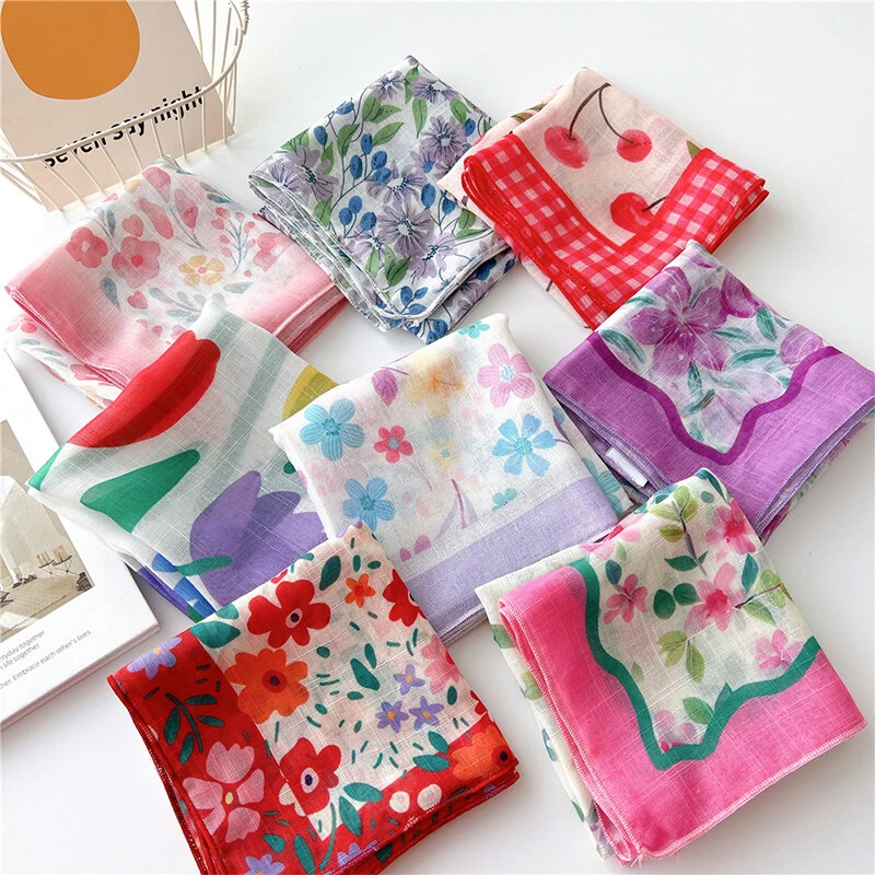 Cotton Linen Small Square Scarf Flower Neck Scarf Hair Band Bandana Turban ☀ - Image 1 of 4