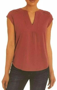 ORVIS RELAXED FIT V-NECK CROCHET LACE INSETS DUSTY RED - Picture 1 of 1