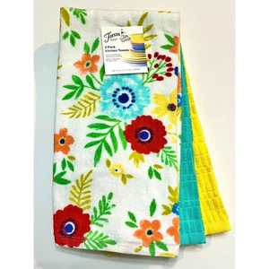 Fiesta 3 Pack Hand Dish Kitchen Towels Embroidered Enchanment /Yellow/Turquoise - Picture 1 of 5