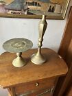 Pair Set 2 Brass Round Candle Stick Holders 12? &amp; 5? India Pillar Candles Vtg