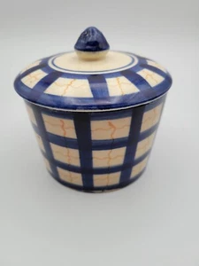 Vintage Japan Ceramic Checkered Cannister With Lid Blue White Orange - Picture 1 of 5