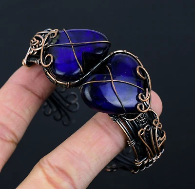 Blue Flash Labradorite Gemstones Copper Wire Wrap Handmade Adjustable Bangle - Imagem 1 de 4