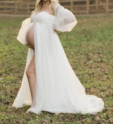 White Tulle Open Front Corset Lace Up Back Beaded Maternity Photo shoot Dress - Image 1 of 4