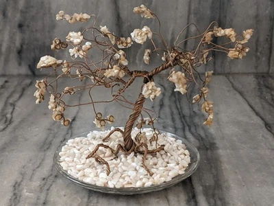 Handmade Vintage MCM Twisted Wire Bonsai Tree Sculpture Art Pebbled Glass Dish  - Image 1 of 4