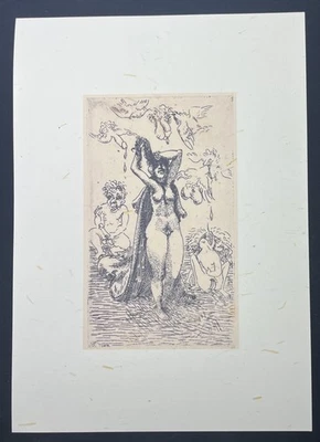 Erotic Holzschnitt 1934 „Priabs al Palo di sacrifizia“ auf Papier de Paille wank - Bild 1 von 2