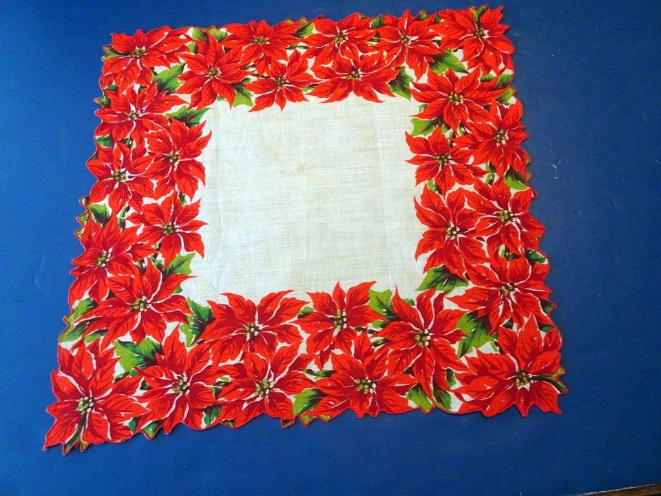 Christmas Hankie -   Large red Poinsettias Border - Scalloped - 13" Square -Nice - Image 1 of 1