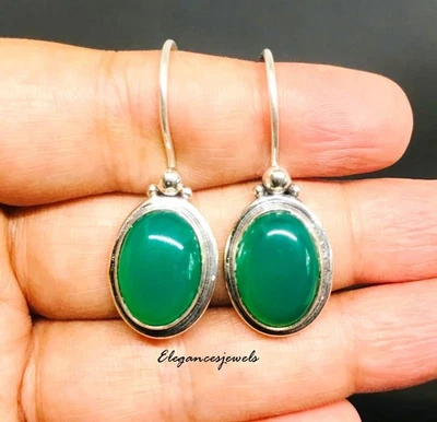 Green Onyx Gemstone Earring 925 Sterling Silver Handmade Jewelry - 1.50" - Image 1 of 2