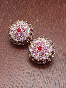 VINTAGE JOAN RIVERS PURPLE PINK RHINESTONE COSTUME JEWELLERY CLIP ON EARRINGS  - Picture 1 of 5