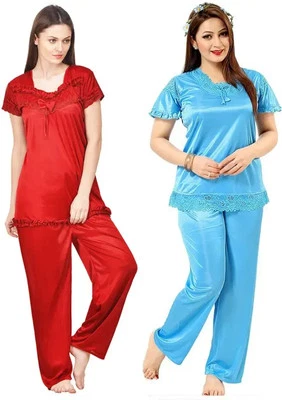 Indian Blooywood Women Top & Pyjama Set Light Blue, Red Solid Free Shipping - Image 1 of 4