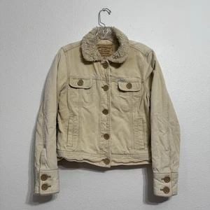 Aeropostale Corduroy Faux Fur Lined Jacket Womens Size M Tan Biege Button Front - Picture 1 of 11