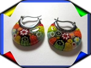 Murano Style Glass Hoop Earrings for Women Trendy Daisy Flower Stainless Steel - Picture 1 of 1