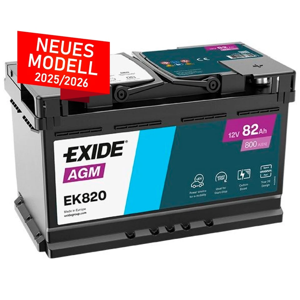 VARTA Exide EK820 AGM Batterie 82Ah 12V 800A Start Stopp Autobatterie statt 80Ah EK800
