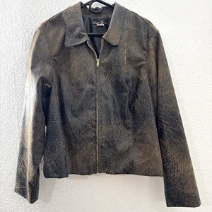 Chaqueta vaquera corta de cuero marrón chocolate flor cactus cremallera XL EE. UU. - Imagen 1 de 11