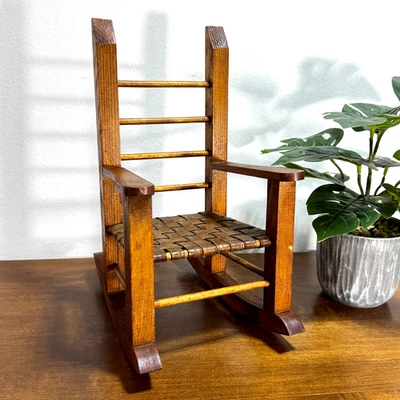Vintage Wood Rocking Chair with Woven Seat For Bears or Dolls 12" Ladder Back - Image 1 of 4