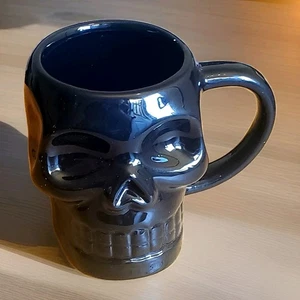 Gothic Punk Glossy Black Ceramic 3D Skull Shape Coffee Mug 14oz Tea Cocoa 4” New - Picture 1 of 2