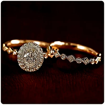 2.25 TCW Oval Moissanite Engagement Bridal Band Ring Set 14k Yellow Gold Plated - Image 1 of 4