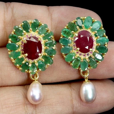 Pendientes de plata de ley 925 rubí ovalado 9x7 mm perlas esmeralda piedras preciosas joyería Foto 1 de 4