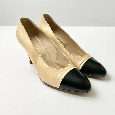 Vintage Chanel Classic Nude and Black Leather Toe Cap Heels Pumps Size 6 - Image 1 of 4