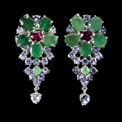 925 Sterling Silver Earrings Oval Emerald Rhodolite Tanzanite Natural Gemstone - Image 1 of 4