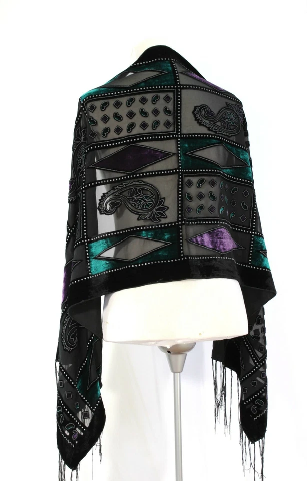 Gorgeous Emerald Green & Purple Silk Burnout Velvet Fringed Scarf Shawl Wrap - Image 1 of 4