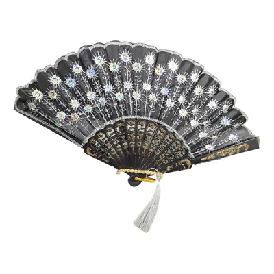Peacock Fold Hand Fan Black Fabric Silver Embroidered Sequined Flowers - Image 1 of 4