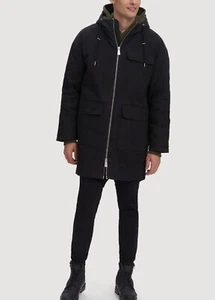 NOIZE $250 BAKER FULL ZIP HOODY MID LENGTH PARKA JACKET BLACK VEGAN Men’s - Picture 1 of 8