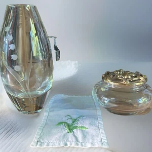 Lily Of The Valley VTG Set! Sweden Vase Etched+Jar+Napkin+ Cup See Photos! - Picture 1 of 13