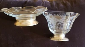 2 Vintage Wallace Sterling Silver Rim Etched Glass Bowls - Picture 1 of 12