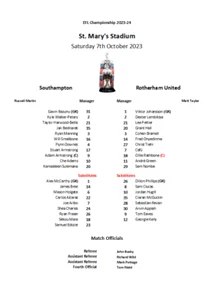 Southampton v Rotherham United 07/10/23 Championship Unofficial Team Sheet - Picture 1 of 1