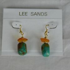 Lee Sands Turquoise Drop Pierced Earrings Gold Tone Metal Stones 1" Long