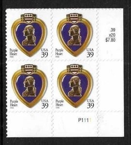 USA SC # 4032 Purple Heart , BLK4 Plate number . MNH - Picture 1 of 1
