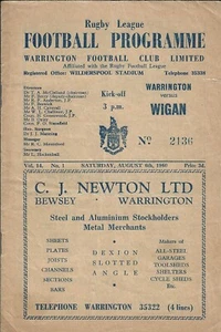 Warrington v Wigan 6 de agosto de 1960 Warrington PROGRAMA DE LA LIGA DE RUGBY - Imagen 1 de 2