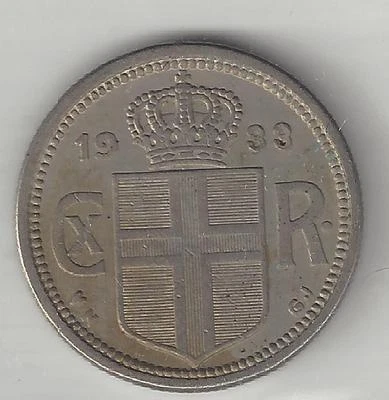 ICELAND,  1933,  25 AURAR,  COPPER NICKEL,  EXTRA FINE,  KM#2.1 - Image 1 of 2