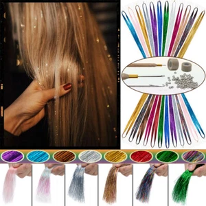 2400*Strands Holographic Glitter Tinsel Hair Extensions Sparkle Party Tools Kit - Picture 1 of 24