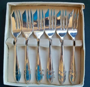 SHEFFIELD SILVERPLATE PASTRY FORK SET (6) in ORIGINAL BOX LOXLEY - Picture 1 of 4