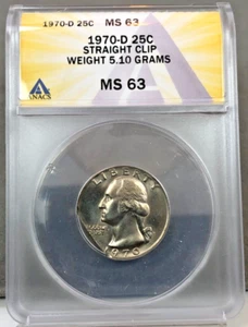 1970-D 25c Washington Quarter ~ STRAIGHT CLIP ~ Weight 5.10 Grams ANACS MS63 - Picture 1 of 5