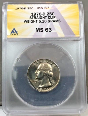 1970-D 25c Washington Quarter ~ STRAIGHT CLIP ~ Weight 5.10 Grams ANACS MS63 - Image 1 of 4
