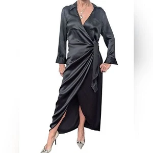 L’Agence 100% Silk Black Wrap Midi Dress Long Sleeve Tie Waist Size 4 - Picture 1 of 11
