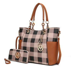 Bonita Checker Women'S Tote Bag with Wristlet Wallet, Vegan Leather 2Pcs Shopper - Picture 1 of 11