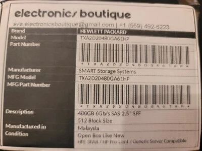 HP HPE 3PAR Smart Storage Systems TXA2D20480GA61HP 480GB SAS 6Gb/s 2.5" SFF - Image 1 of 3