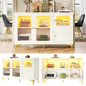 Küchenschrank Sideboard mit 3 Glastüren Buffetschrank mit LED Beleuchtung Weiß - Bild 1 von 19