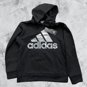 NEW YOUTH SMALL ADIDAS BLACK GREY GRAPHIC LOGO HOODIE HOODED SWEATSHIRT AA7678 - Picture 1 of 3