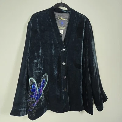 VTG Chicos Silk Velvet Butterfly Jacket XL Green Artsy Embroidered Whimsigoth - Image 1 of 4