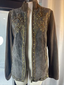 Bob Mackie braune bestickte Lederjacke Mantel M Damen Reißverschluss vorne - Bild 1 von 7